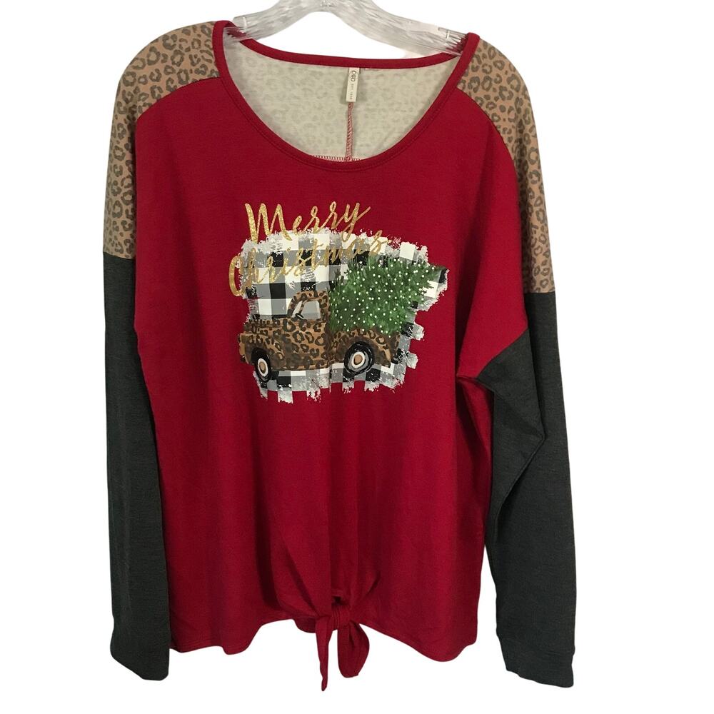 Cato Top 2XL Womens Christmas Holiday Graphic Print Cheetah Red Gray Color Block